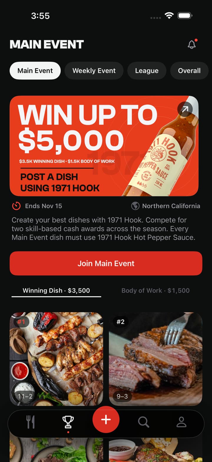 Dish KO — Main Event screen with the $5,000 purse banner and Join Main Event button.