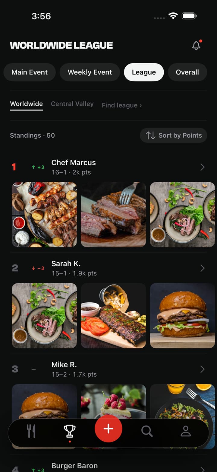 Dish KO — Worldwide League standings with per-chef records and dish thumbnails.