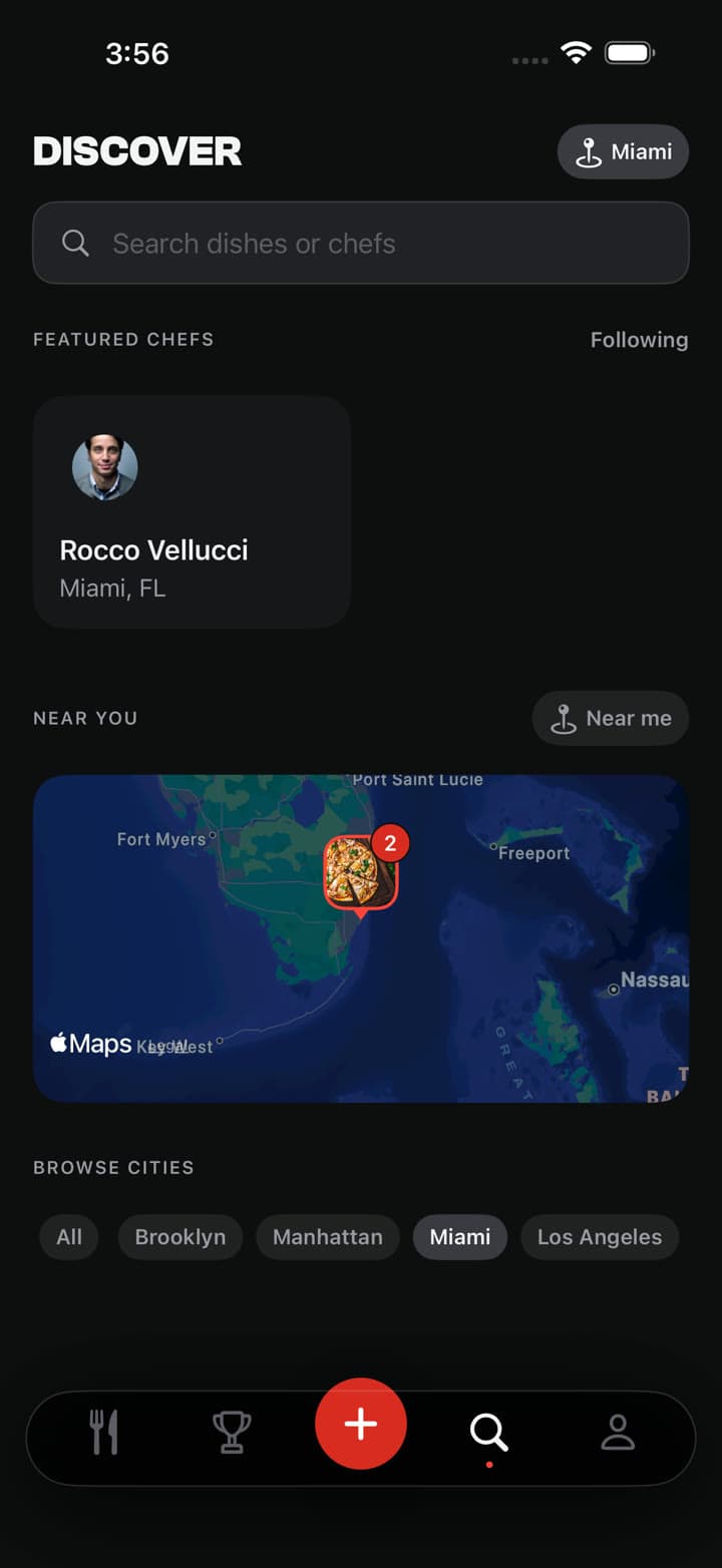 Dish KO — Discover: chef search, featured chefs, and a MapKit community map.