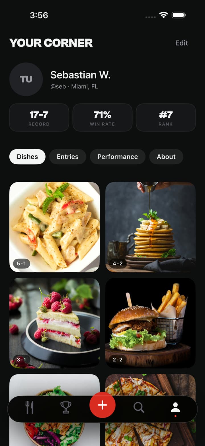 Dish KO — Your Corner profile with record, win rate, rank, and dish grid.