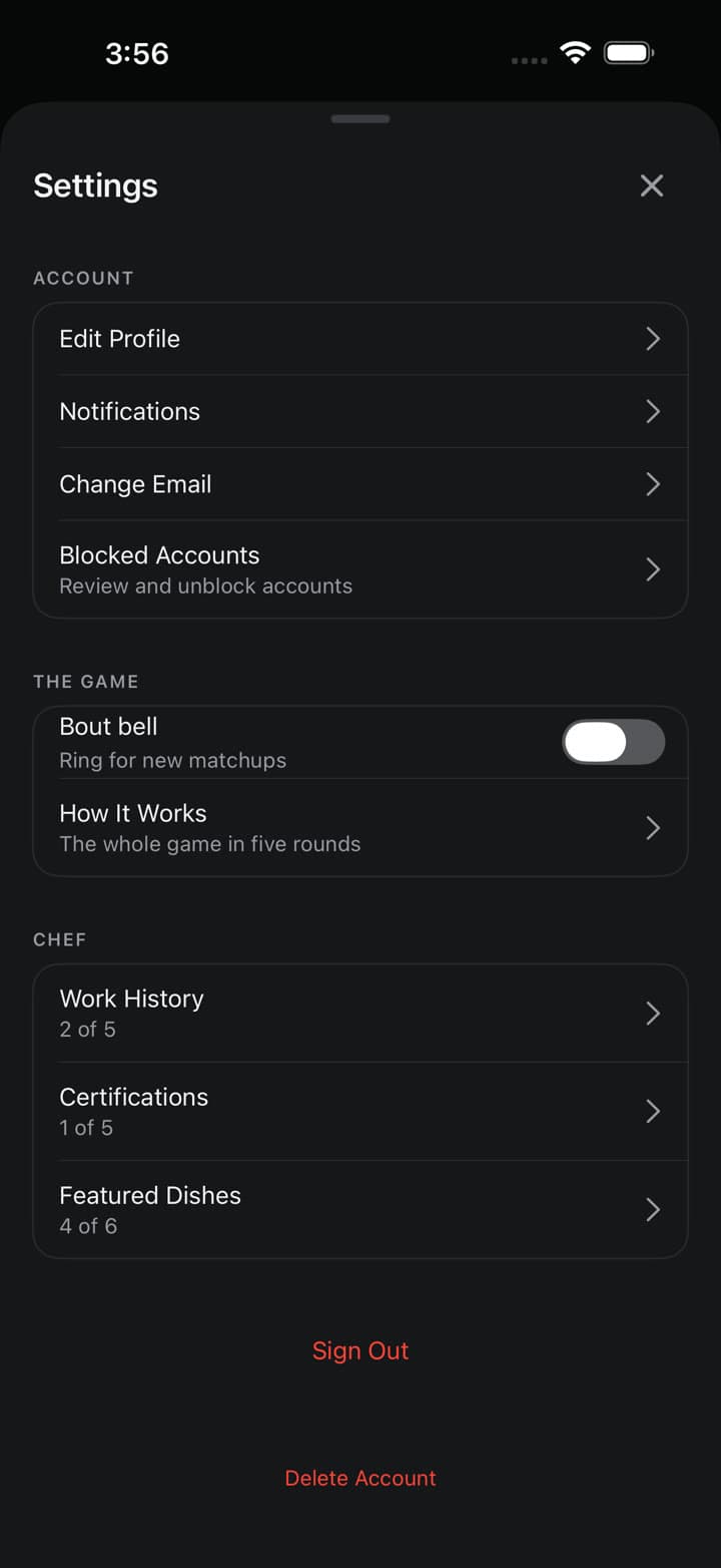 Dish KO — settings, including blocked accounts and in-app account deletion.