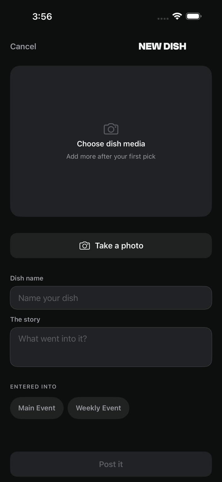 Dish KO — post composer for a new dish with photo or 30-second video.