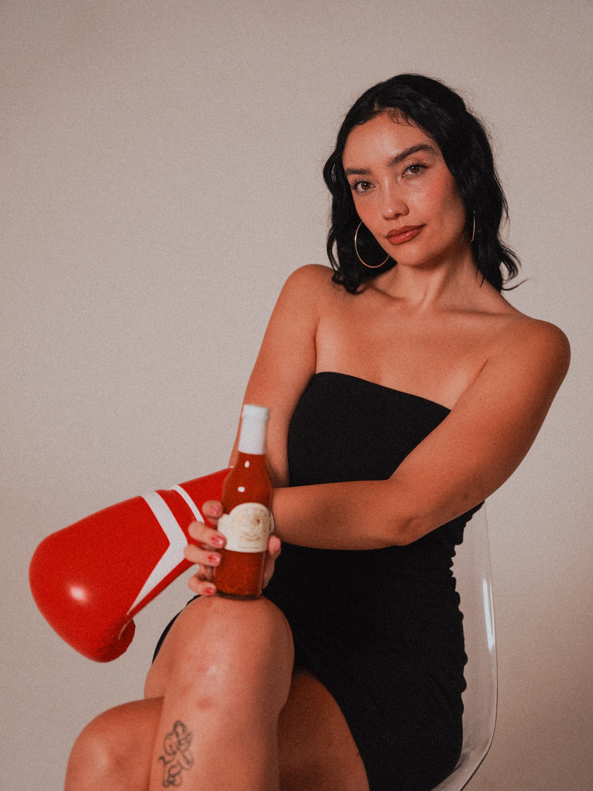 1971 Hook hot sauce editorial still — bottle with model