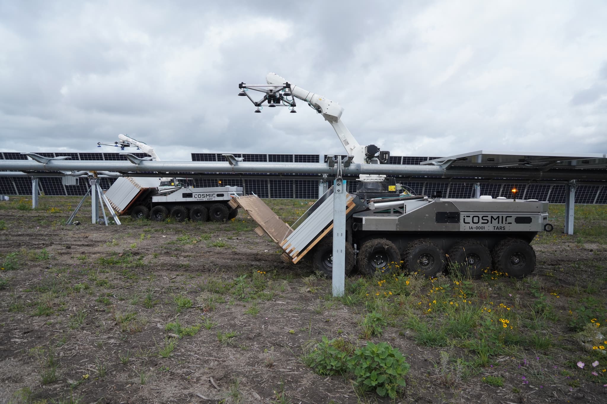 Wide view of the Southern Texas solar site with the robot at work