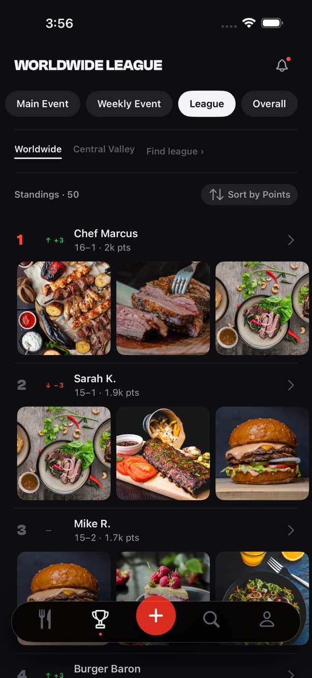 Dish KO — league standings screen